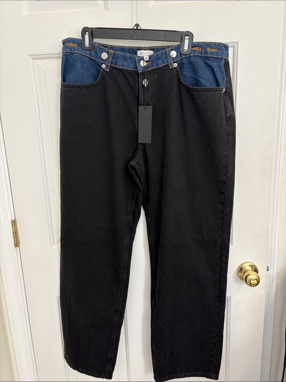 Gianni Bini Black Jeans with Blue Waistband and Pocket Accents - Boot Cut